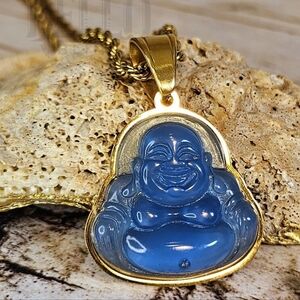 Blue Buddha Pendant Necklace Gold Rope Chain
